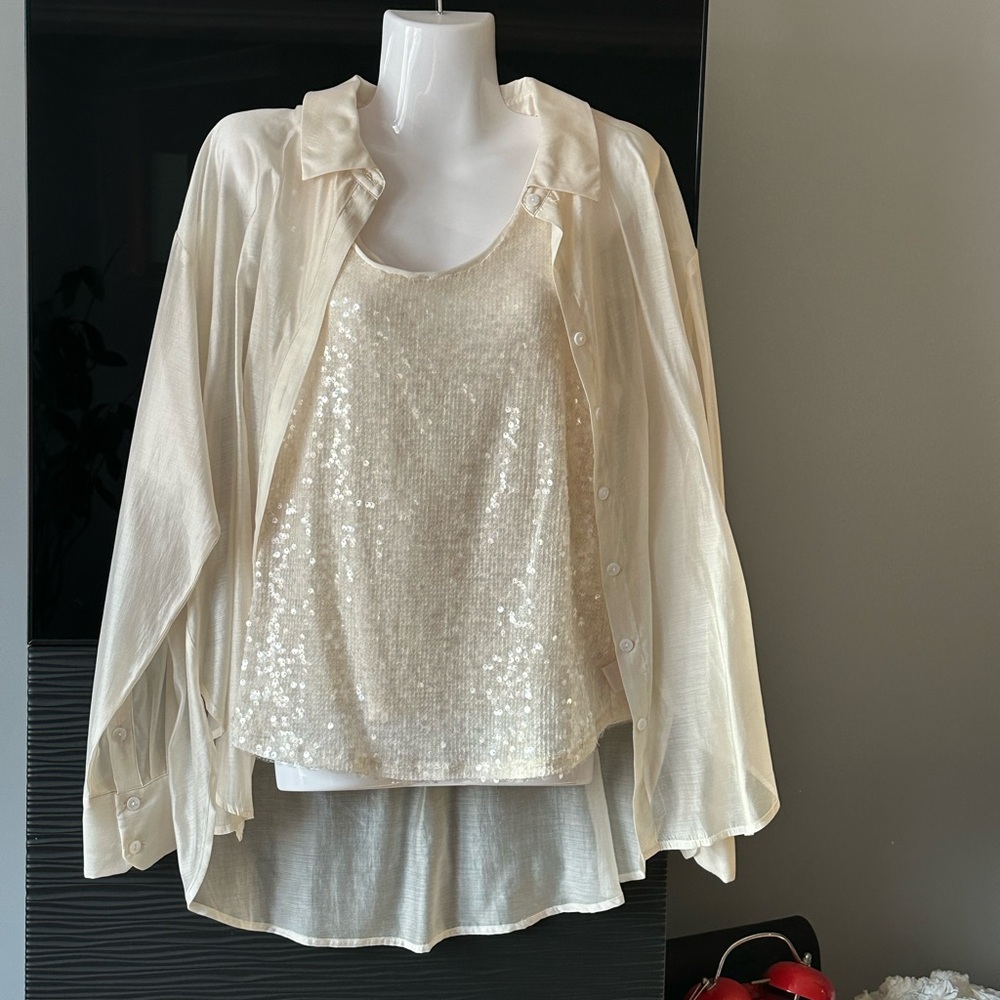 Martha Stewart Cream Sequin Tank with Sheer Button-Up Blouse
